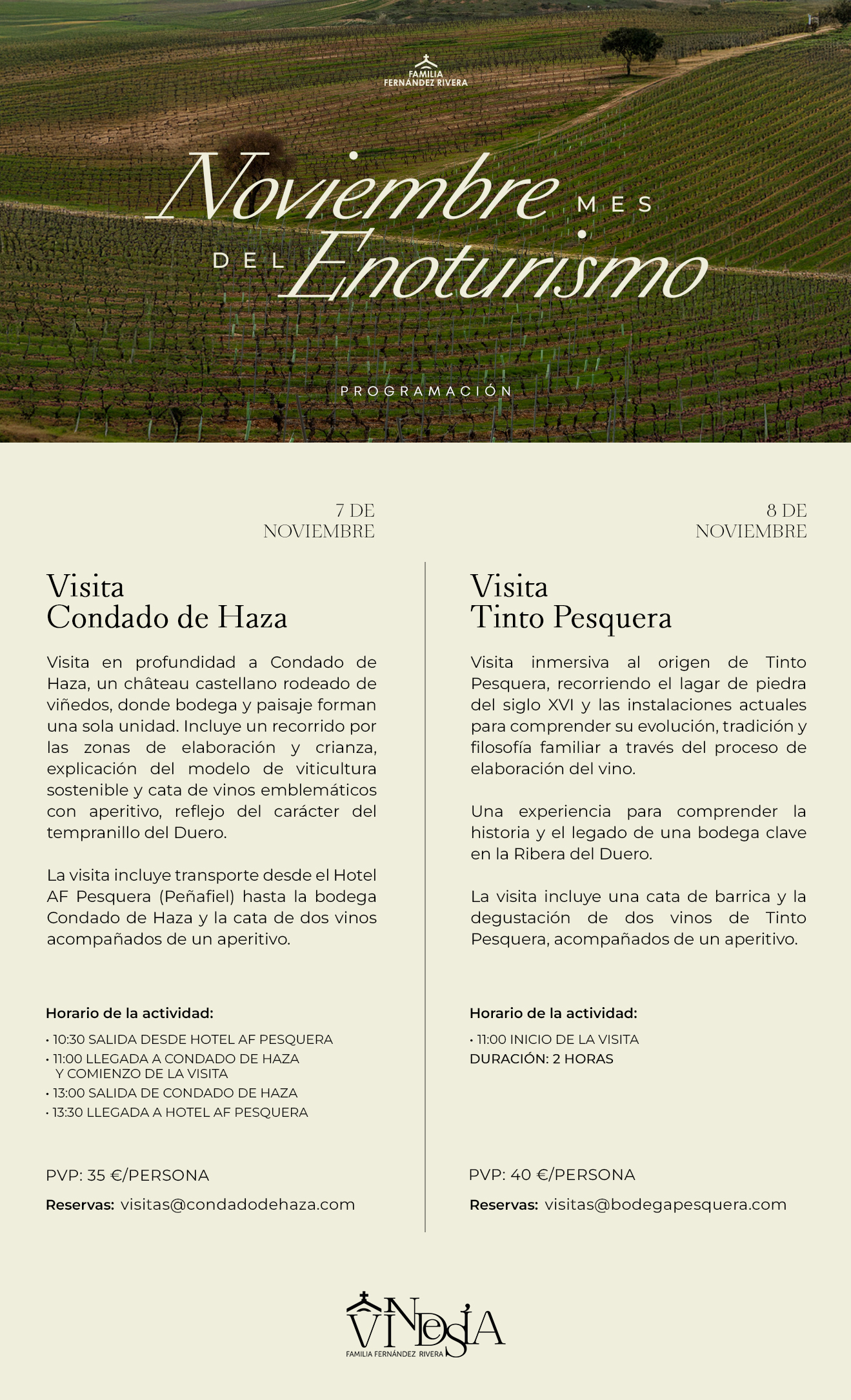 Noviembre, mes del enoturismo: visita Condado de Haza (7 de noviembre) y visita Tinto Pesquera (8 de noviembre)